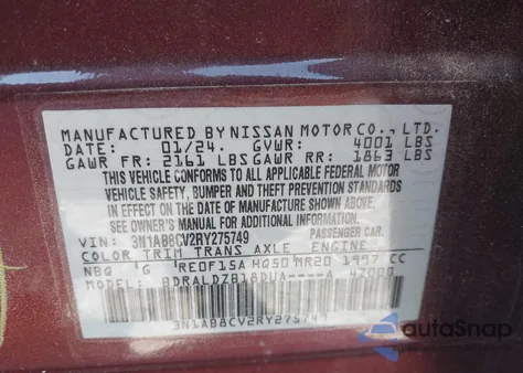 2024 Nissan Sentra Sv Xtronic Cvt из США, поврежденный, VIN 3N1AB8CV2RY275749